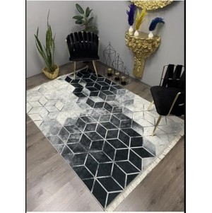 بديل سجاد الوجه ملمس ناعم والظهر دوتس محبب لثبات على السيراميك (اسود هندسي, 180×280تقريبأ)