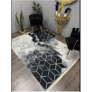 بديل سجاد الوجه ملمس ناعم والظهر دوتس محبب لثبات على السيراميك (اسود هندسي, 180×280تقريبأ)